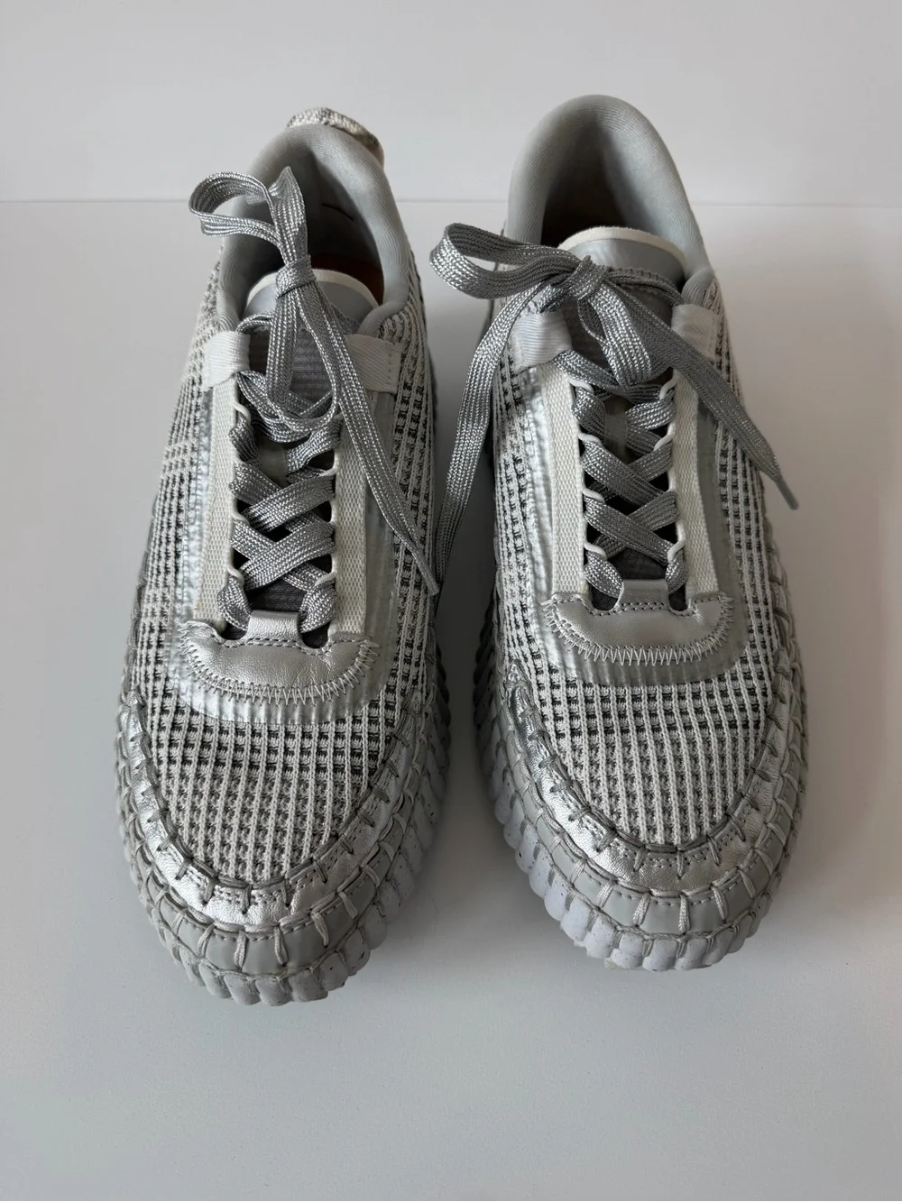 Chloé White and Silver Woven Platform Sneakers